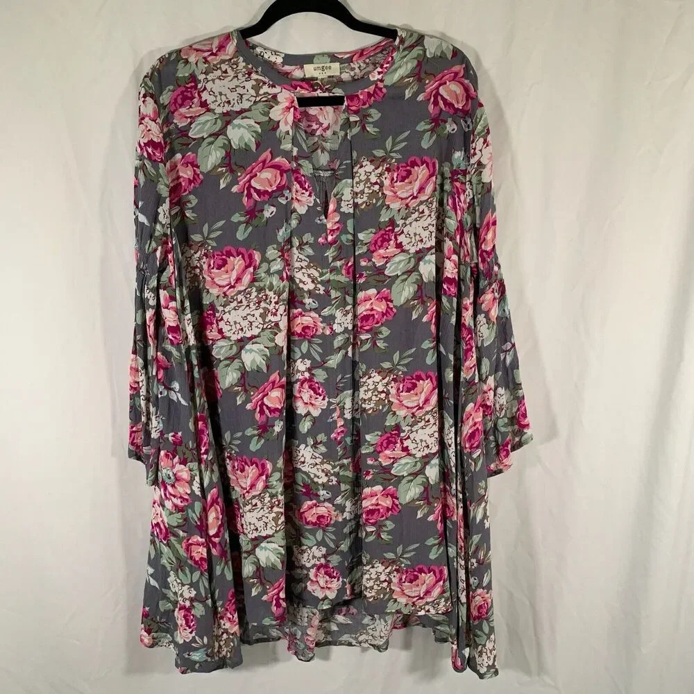 umgee Mini Dress Women's Medium Floral Long Bell Sleeve Vneck Lightwieght